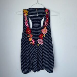 Free People Navy Striped Tank Floral Accents size L